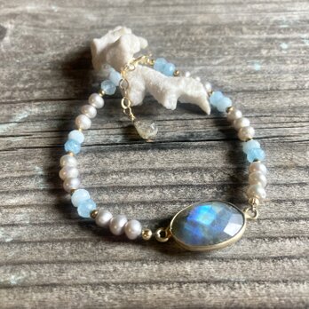 *14kgf* Galactic Ocean - 大粒ラブラドライトと淡水パールのブレスレット
