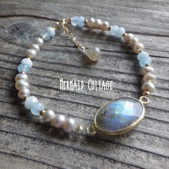 *14kgf* Galactic Ocean - 大粒ラブラドライトと淡水パールのブレスレット