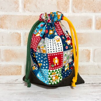 巾着袋　小　【和柄・パッチワーク柄×柴犬】