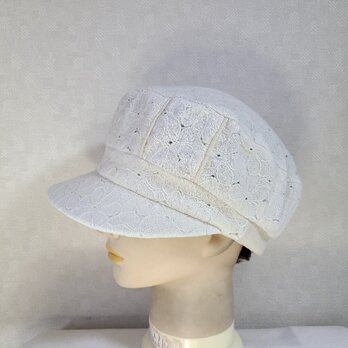 魅せる帽子☆一点物♪S-Mフリー!!コットン混紡レースニットのキャスケット～オフホワイト