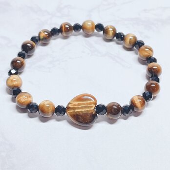 ✦ビジネスのお守りに♪仕事も人間関係も良好へ導く♡天然石ブレスレット｜タイガーアイハート・オニキス No.869