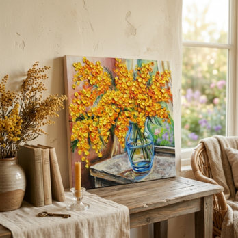 【原画】【幸運を運ぶミモザ】： 玄関やリビングに飾る癒やしの花・油絵 ・油彩画・肉筆・インテリア・一点物