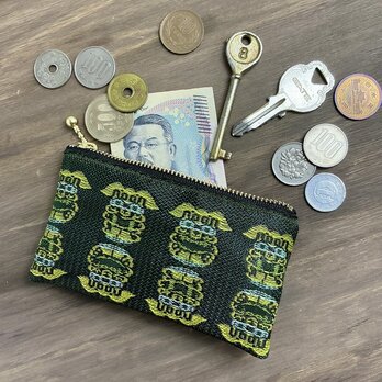 【シーサー】畳縁　ぺたんこ　ミニポーチ　小銭入れ　カードケース　獅子　沖縄　深緑　グリーン