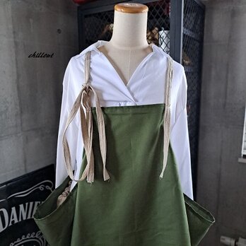 【背中がかわいい】エプロンドレス：オリーブ×リネン【0892】