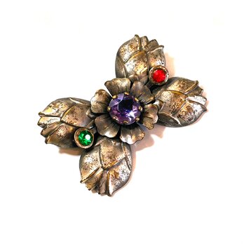 Antique Floral Multicolor Rhinestone Brooch