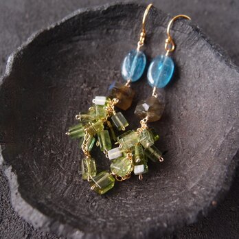 【K14gf】Green Tourmaline × Kyanite Earrings／グリーントルマリン×カイヤナイトピアス