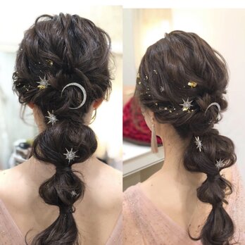 【結婚式 ヘアアクセサリー】星 月 ヘアピン 6本セット ゴールド/シルバー｜小枝 ブライダル ウェディング 卒業式 成人式