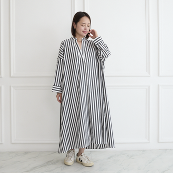 シャツワンピース　コットン　ブラック×ホワイトストライプ　0180BK/WH