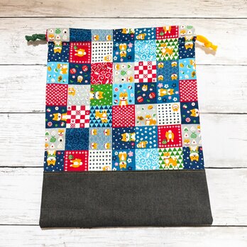 巾着袋　大　【和柄・パッチワーク柄×柴犬】