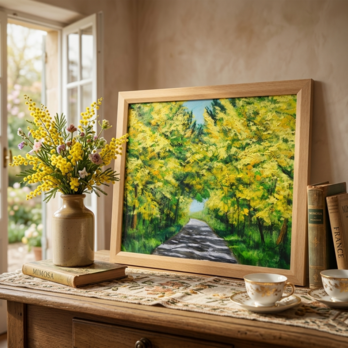 【一点物】【原画】幸せを運ぶミモザ並木：光のトンネルを抜けて（油彩画）（額装済）