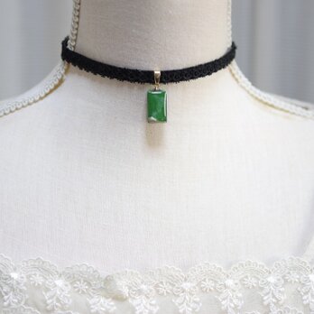 【受注製作】レジンアート　長方形モチーフとタティングレースとベルベットリボンのチョーカー〈翡翠の囁き〉