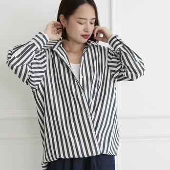 2Way ストライプ コットン シャツ　ホワイト×ブラック　0777BK/WH