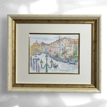 水の都(水彩画、原画、イタリア、ヴェネツィア、額つき)