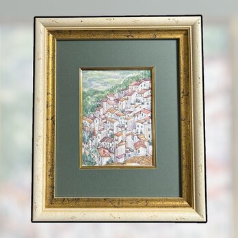 アンダルシアの白い村カサレス（水彩画、原画、透明水彩、スペイン、アンダルシア、額付き）