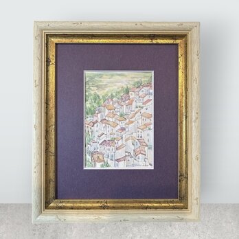 アンダルシアの白い村カサレス②（水彩画、原画、透明水彩、スペイン、アンダルシア、額付き）