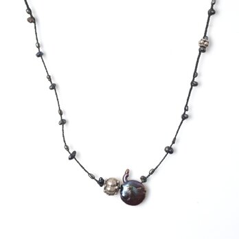 -India silver・Black pearl- braid necklace