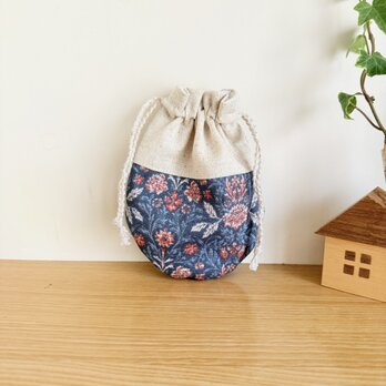 ラウンド型のミニ巾着（フラワー・青黒）