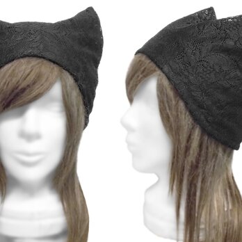 シンプル猫耳帽子◆京都産ラッセルレース／ブラック　◇ゆったりサイズ・オールシーズン着用◇