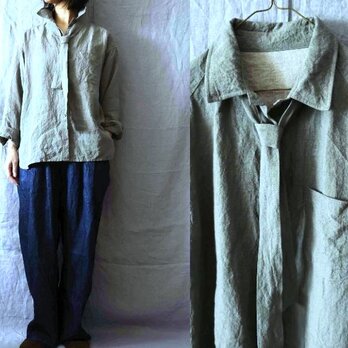 【受注制作・丈変更可】スレートグレー/天日干し40リネン　タイ付き長袖シャツ
