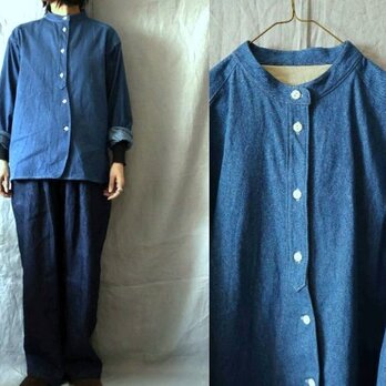 【受注制作・丈変更可】ブリーチインディゴ/8.5ozコットンデニム　フロントカーブ長袖シャツ