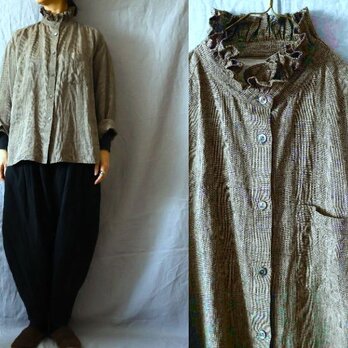 【受注制作・丈変更可】キャメル/グレンチェックリネン　フリル衿長袖シャツ