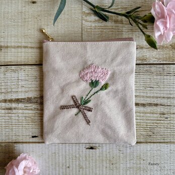 大人かわいい手刺繍カーネーションのポケットティッシュサイズポーチ(ピンク) 国産帆布　コットン　リネンリボン　小物入れ　母の日　