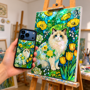 iPhone17 16 15 14 13 猫と花の螺鈿風ケース 天然貝シェル 全機種対応 耐衝撃