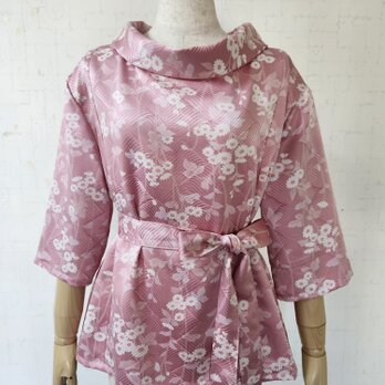 小紋リメイク　ロールカラーブラウス