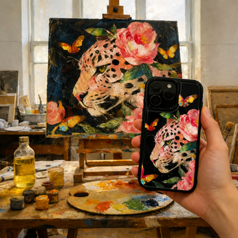 iPhone 17 16 15 14 13 ケース 螺鈿風 天然貝シェル 花とヒョウと蝶 耐衝撃 ギフト