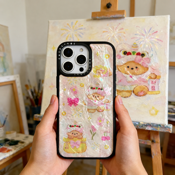 iPhone 17 16 15 14 13 ケース 天然貝シェル 螺鈿風 獅子舞くま 全機種対応 耐衝撃 ギフト