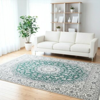 ペルシャ絨毯ナイン産　9Laノーラ　5大産地　リビング　ダイニング　ラグ　254x200㎝　Green　NT14939