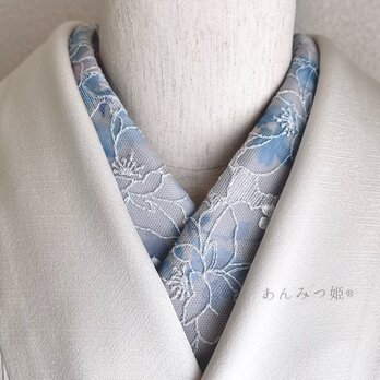 洗える刺繍半衿 くすみブルーラメ