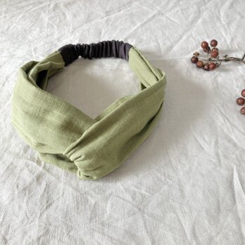 ふわふわスラブダブルガーゼのツイストヘアバンド　サイズS/M/L　ウグイス×ダークブラウン