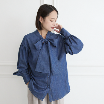 前後2Way 大人のシャンブレーボウタイ ブラウス インディゴ 0757BL