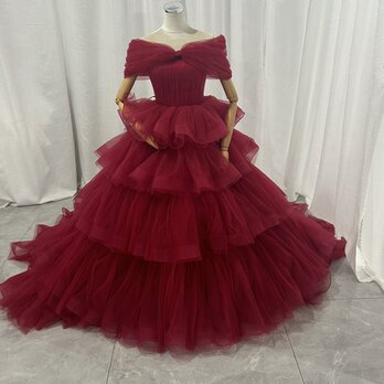 カラードレス ワインレッド 取り外しオフショルダー リボン プリーツスカート ボリュームドレス 花嫁