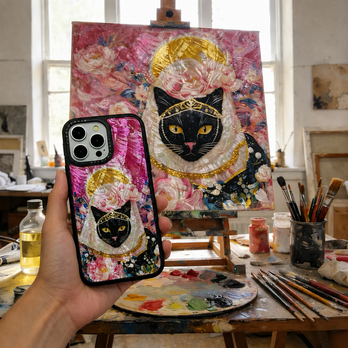 黒猫と薔薇 iPhoneケース 螺鈿風 天然貝シェル 耐衝撃 iPhone 17 16 15 14 13対応 ギフト