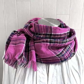 東炊き リネンのストール　チェック　ホットピンク