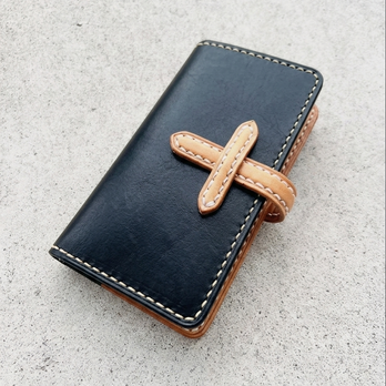 iPhone & android 手帳型　レザーケース　　ブラック×ナチュラル　差し込み式