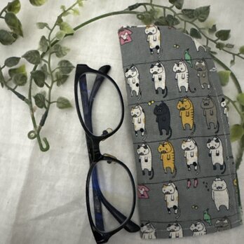 ハンドメイド♡メガネケース♡リネングレー洗濯猫ちゃん柄♡♡普通タイプ
