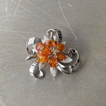 Vintage retro silver amber botanical flower brooch