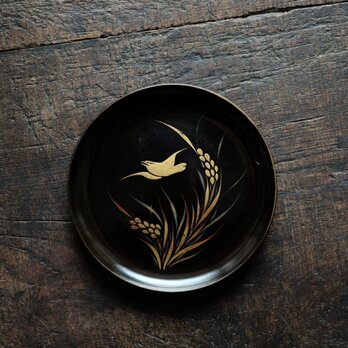 【特価¥1500→¥950】鳥と稲穂◆味のあるお品物。時代物　漆芸蒔絵中皿　漆器　骨董/antiques 明治期【個体A】