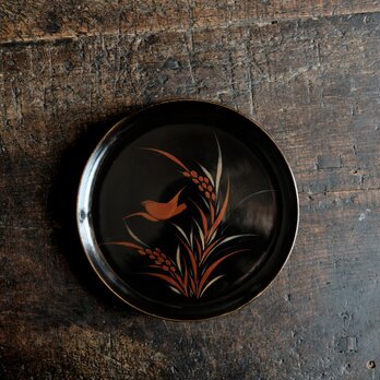 【特価¥1500→¥950】鳥と稲穂◆味のあるお品物。時代物　漆芸蒔絵中皿　漆器　骨董/antiques 明治期【個体C】