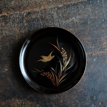 【特価¥1500→¥950】鳥と稲穂◆味のあるお品物。時代物　漆芸蒔絵中皿　漆器　骨董/antiques 明治期【個体F】
