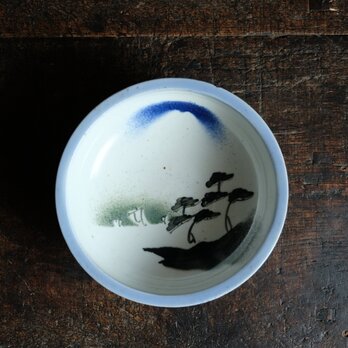 【¥1000→¥500】松と船と富士の山◆瀬戸焼　吹き染め中鉢　骨董・antiques 大正~昭和初期【縁に削げ】
