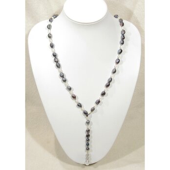 本真珠（淡水パール）とSV925のYネックレス（バロック、パープル、ホワイト、ナチュラルカラー、6月の誕生石、ロジウム）