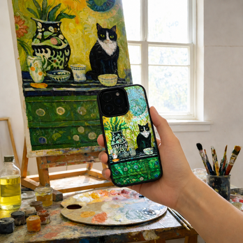 iPhone17/16/15/14/13 ケース 黒猫と花瓶 螺鈿風 天然貝シェル 全機種対応 耐衝撃