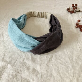 ふわふわスラブダブルガーゼのツイストヘアバンド　サイズS/M/L　スモークミント×ダークブラウン×サンドベージュ