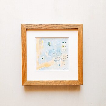 【一点物】原画 「明るい夜」※木製額縁入り（18㎝角）水彩・イラスト・インテリアアート・送料無料