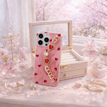 iPhoneケース ハートチャーム付き ピンク かわいい 落下防止 大人可愛い ギフト
