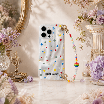 iPhoneケース カラフルドット ビーズストラップ付き 落下防止 大人可愛い ギフト